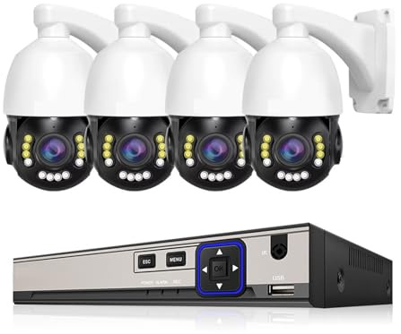 Kit Video Surveillance, Système de caméra bidirectionnelle 8CH 4K 8MP POE NVR Kit 38X Zoom PTZ Couleur Vision Nocturne caméra IP Surveillance vidéo Ensemble IPC(4T,4 Cameras)