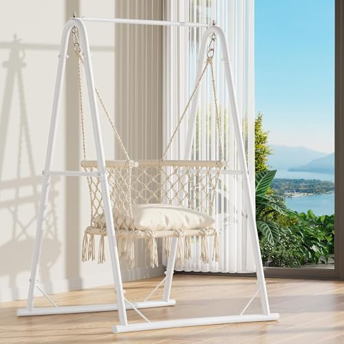 YITAHOME Hängesessel mit Gestell, Max. Belastung 150 kg, Stabiler Stahlrahmen, Hängeschaukel mit Kissen, 105x93x160 cm, Hängesessel mit 2 Haken für Terrasse, Balkon und Garten, Weiß