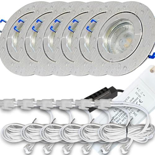 Rolux LED Einbauspots 12V Set IP44 für Bad & Küche – 6er Set Aluminium gebürstet mit Chromring & Trafo – 3W 250lm 3000K Warmweiß – MR16-AMP-Kabel 120 cm – Bohrloch Ø 60–68 mm, Einbautiefe 55 mm