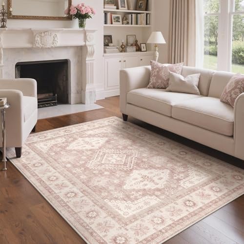 GENIMO - Tappeto Boho Vintage 160x230cm - Lavabile in Lavatrice, Antiscivolo, Pelo Corto - Per Camera da Letto, Soggiorno, Sala da Pranzo - Beige Rosa Antico