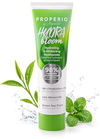 PROPERIO HYDRA bloom Hydratisierende und Aufhellende Zahnpasta Ohne Fluorid, Hydroxylapatit Zahnpasta mit Hyaluronsäure & Probiotika, Tägliche Feuchtigkeitspflege, Grüner Tee & Minze Geschmack, 100 ml