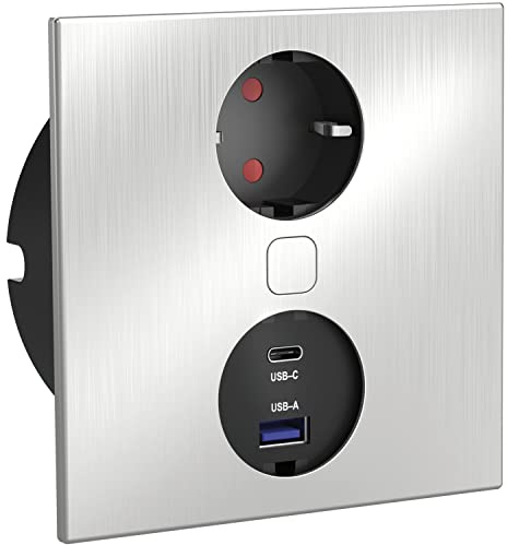 HPF Einbausteckdose Duplex-Q, 1 Stk. Schukosteckdose, + USB-Charger, Edelstahl