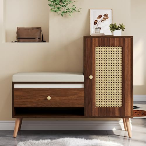 Merax Schuhschrank mit Sitzbank, Schuhbank mit Sitzfläche, Rattan Garderobenbank mit 1 Stauraumtür & Schublade & Sitzpolster &offenen Fächern & verstellbaren Regalen, Walnut, 95,5Lx 35Bx 80,5H(cm)