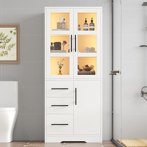 phosir Mueble de baño 72 x 35 x 170 cm – Mueble bajo lavabo LED blanco con 3 cajones y puertas dobles de cristal, control por aplicación, juego de muebles de baño con lavabo