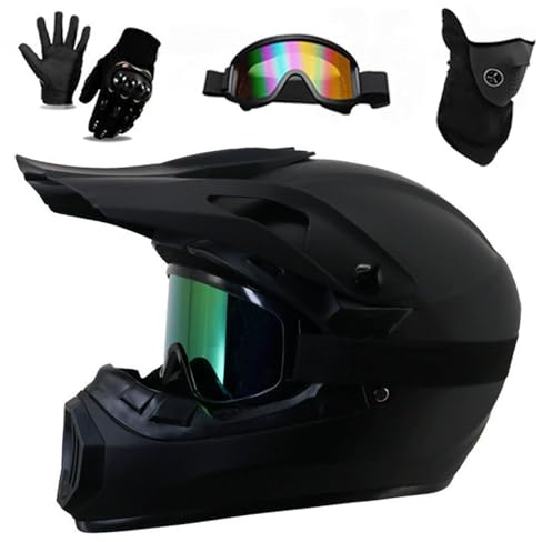 Casque IntéGral de Motocross Homologué Dot - Kit Complet pour Adulte Et Enfant Casque Et Quad avec Lunettes, Gants, Masque, VisièRe RéGlable Et SystèMe de Fermeture Rapide(J09,M(56-57CM))