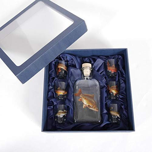 GTK - Geweihe & Trophäen KRUMHOLZ 7-teiliges Schnaps Gläser Set mit Fisch Motive + Karaffe mit KARPFEN