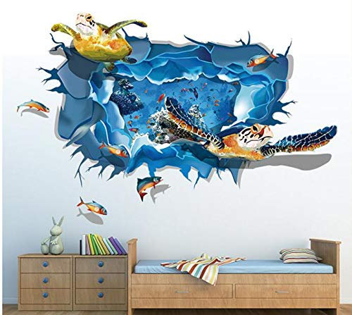 HALLOBO® Wandtattoo Wandaufkleber 3D Fenster Schildkröte Unterwasserwelt Delfine Marine Meer Wandbild Wohnzimmer Schlafzimmer Kinderzimmer Deko Badzimmer Bad