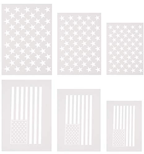 WANDIC Amerikanische Flagge Schablone, 6 Stück 50 Sterne und 2-in-1 USA-Flaggen-Schablone zum Malen auf Holz, Stoff, Papier, Airbrush, Wände, Kunst, 3 Größen