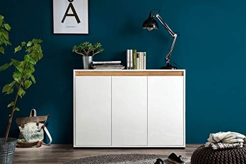 Newfurn Sideboard Kommode Modern Anrichte Highboard Mehrzweckschrank II 119x84x 35 cm (BxHxT) II [Sena.Three] in Weiß Dekor/Weiß Hochglanz Lack Wohnzimmer Schlafzimmer Esszimmer