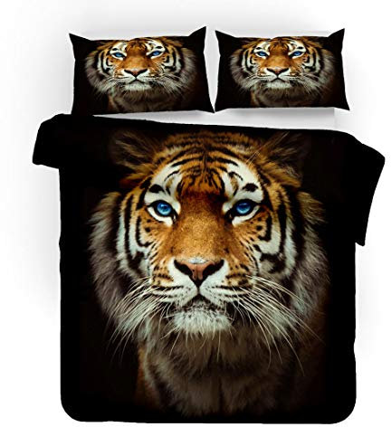 EWYTWD Bettbezug 3 Teilig 3D Tiger Drucken Bettwäsche Set 155x220cm und 2 mal 80x80cm Kissenbezug Bettbezüge Mikrofaser Super Weich Flauschige mit Reißverschluss