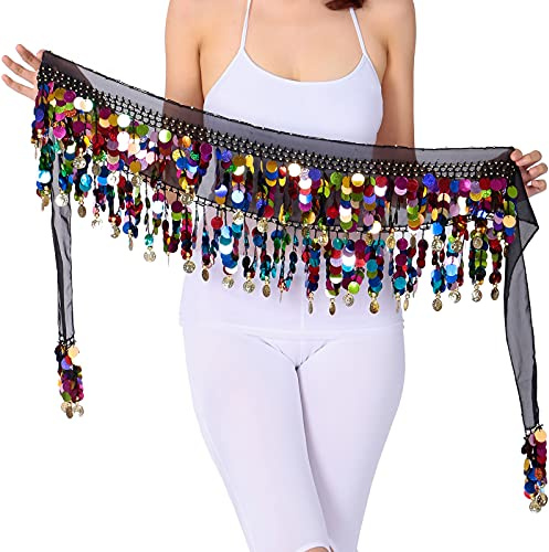 WEKIOOBON Bauchtanz-Hüftschal, süßer Bauchtanzrock, Wickel-Performance, glitzernde Pailletten, Münzen, Bauchtanz-Kostüm für Damen