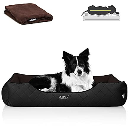 BedDog Premium Orthopädisches Hundebett WUFFI, Hundesofa aus Kunstleder, Abnehmbarer Bezug, Kuschel-Decke Zugabe - Mocca (braun/schwarz)