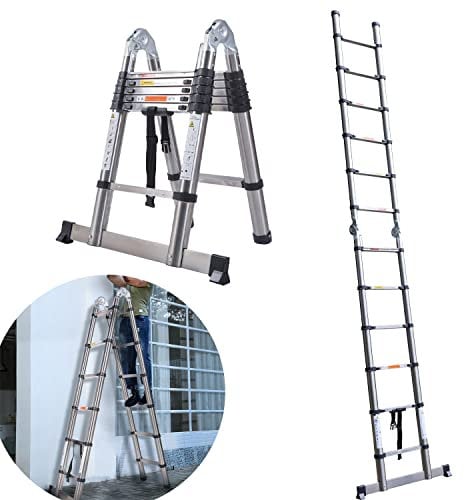 Teleskopleiter, ausziehbar, max. 150 kg Kapazität, tragbar, Mehrzweck-Leiter mit A-Rahmen, Dachbodenleiter, 1,9 m + 1,9 m Dachbodenleiter für Zuhause, Büro, mit Stützstange