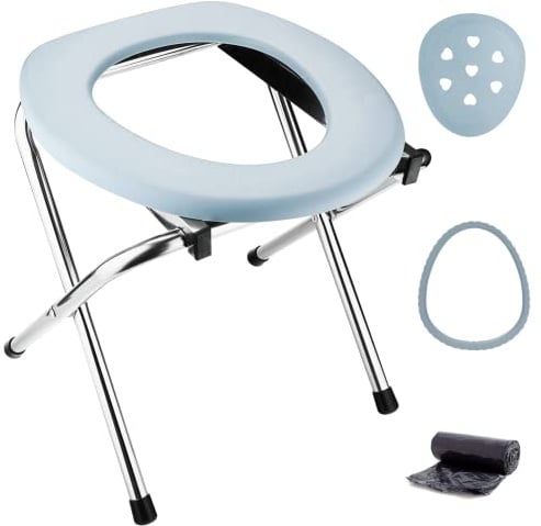 CACAZI Tragbarer Toilettensitz, Mobile klapptoilette kompakte Innen- und Außentoilette mit eingebauten Taschenhaken und Reisetaschen, zusammenklappbare Toilette für Camping