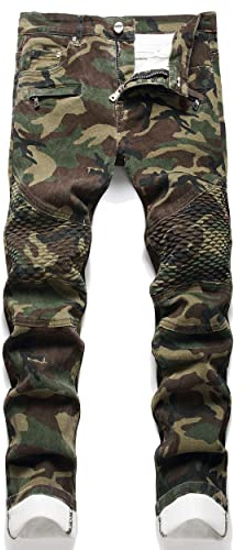 OIIIO Men's Patch Ripped Stretch Regular Fit Jean, 6630-camouflage, 38