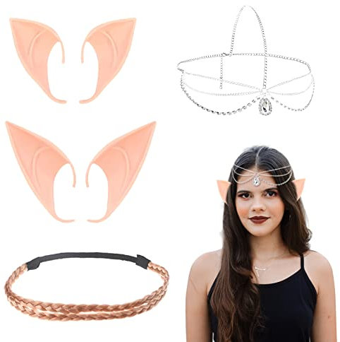 TSHAOUN Elfenohren Set,2 Latex Ohren Spitzohren Feenohren + 2 Kopfkette Kopfschmuck Stirnband Haarband,Anime Party Cosplay Zubehör,Halloween Weihnachtsfeier Maskerade Dekoration (4 PCS)