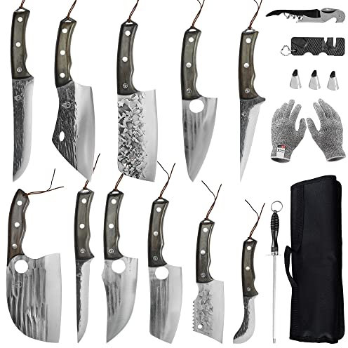 FULLHI 17pcs Metzger Chef Messer Set beinhaltet Scheide High Carbon Steel Cleaver Küchenmesser Ganzes Tang Gemüse Cleaver Home BBQ Camping mit Messertasche