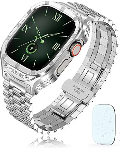 San Jeirie for Apple Watch Ultra Strap 49mm,Stainless Steel Apple Watch Ultra Band and Case,Rugged Metal Protective Bumper Cover with Military Soft TPU Case for Men iWatch Strap (Silver)