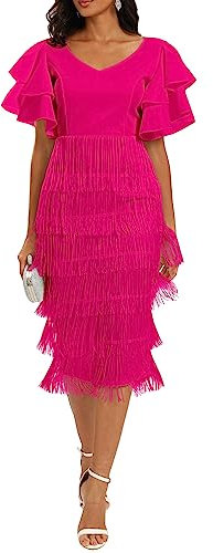 VERWIN Robe longue à franges pour femme - Taille haute - Col en V - Manches volantées - Robe de bal moulante, rose, Taille M