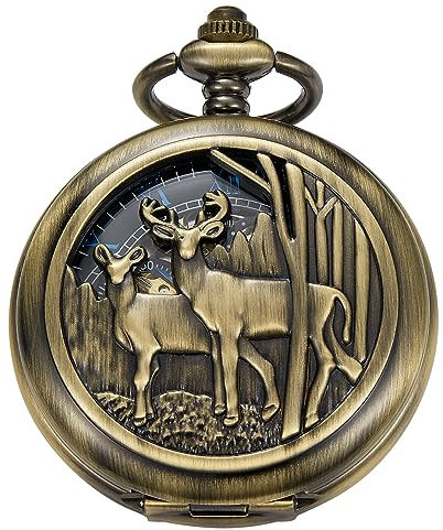 Tiong Doppelöffnungsgehäuse Bronze Mechanische Taschenuhr Hirsch Hohlgehäuse, Zwei Hirsche Doppelöffnung Römische Ziffern Herren Mechanische Taschenuhr mit Kette Geschenk, Mpw150-UK…