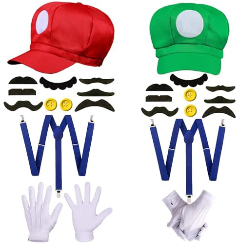 Umllpet Mario Kostüm Accessoires, Super Mar Kostüm, Mario und Luigi Kostüm mit Kappen Schnurrbärte Handschuhe Knöpfe Hosenträger für Kinder Erwachsene Cosplay Karneval Geburtstagsfeier Zubehörsets