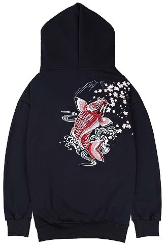 Niepce Inc Streetwear Men's Dragon Embroidered Heavyweight Graphic Hoodies, Black-fish, XXL