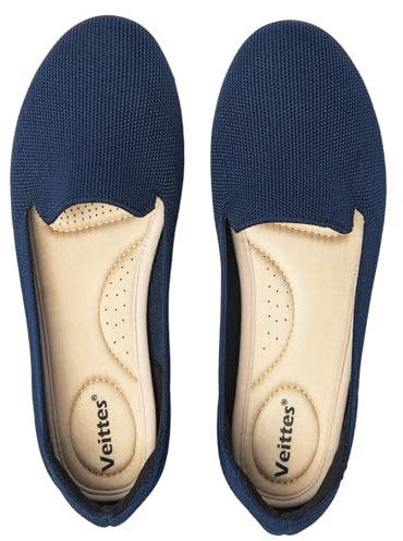 Veittes Women's Wide Width Flats Shoes, Soft Knitted Breathable Plus Size Ladies Slip on Office Ballet Shoes.(2205003-2,BL/FK,4.5 UK)