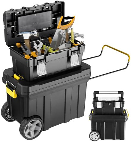 COSTWAY Boîte à Outils Roulante Mobile, Étui de Rangement en 2 Pièces avec Poignée de Traction et Plateau Amovible, chariot emboîtable pour Mécaniciens et Garage à Domicile (58 x 29 x 60 cm)