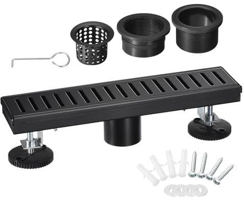 sourcing map Drenaje lineal de ducha de 12 pulgadas, Rejilla Plato Ducha, Drenaje Rectangular de Suelo con Cubierta Desmontable, Pies de Nivelación Ajustables y Colador de Cabello, Negro Mate