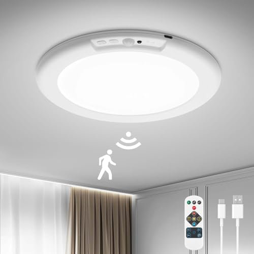 BOJIM Akku Lampe mit Bewegungsmelder, LED Deckenleuchte Batterie Licht, Batteriebetrieben Leuchte ohne Strom, Aufladbar Deckenlampe Innen, Sensor Fernbedienung Lampen für Treppe, Garage, Keller, Bad