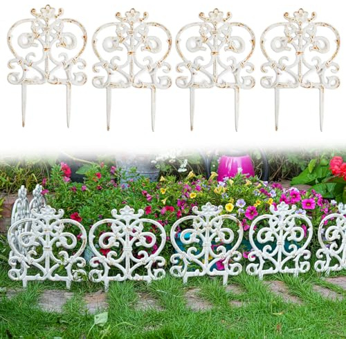 Sungmor Lot de 4 bordures de jardin décoratives en fonte, style victorien rustique, blanc, avec piquet bas en métal, 30 cm de haut, panneaux de clôture d'extérieur