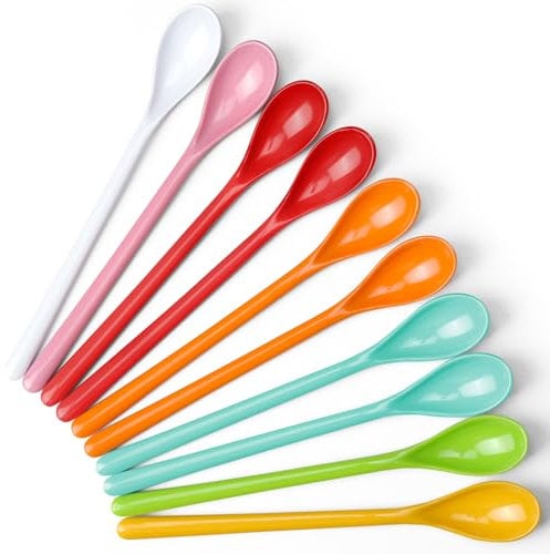 Mispudin 10 Cuillere Longue en Plastique, Cuillere Plastique Reutilisable, Cuillère à Café Couleur, Cuillère à Confiture Long Manche, Cuillère à Dessert Longue pour Thé, Yaourt, Glaces, cocktails
