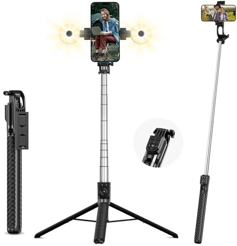 PQETBV Selfie Tripode - 2 Luces de Relleno, 180cm Soporte de Teléfono Extra Largo con Control Remoto Desmontable, Compatible con la Mayoría de iPhone, Samsung, Cámara