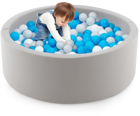 GYMAX Kids Ball Pit, Soft Foam Ball Pool with 200 Ocean Balls, Storage Mesh Bag & Washable Cover, 90x90x30cm Round Balls Pit for 1-6 Years Old Boys Girls (Grey+White+Blue Balls)