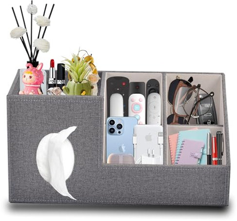 Taschentücher Box aus Leder mit Seitentasche,Quadratische Kosmetiktücher Box mit Magnetverschluss,Tücherbox mit Ablage Oben für Mobiltelefone,Kosmetika,Fernbedienungen,Büroartikel,Parfüms (Grau)