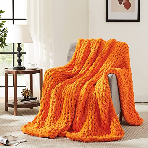 L'AGRATY Grobstrick-Decke: 76,2 x 101,6 cm, Chenille, Dicker Strick-Überwurf für Bett und Couch, handgefertigt, große Häkeldecke, Orange