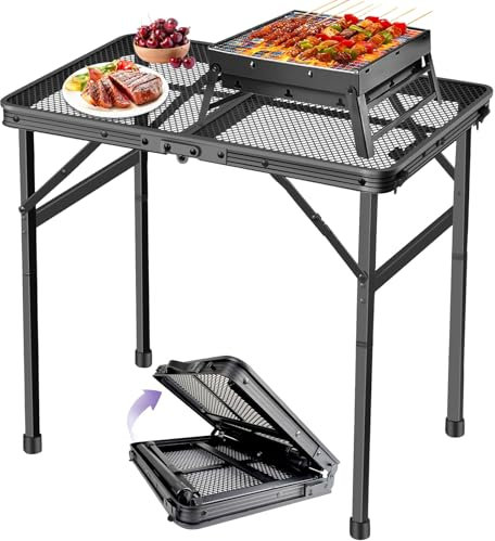 BRIAN & DANY Folding Camping Table, Portable Metal Folding Picnic Table Height Adjustable, Small Grill Table for Outdoor, Black, 60x40cm