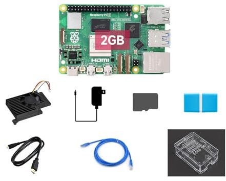 Waveshare Starter Kit, Compatible with Raspberry Pi 5, Bundle with Raspberry Pi 5 2GB, 64GB TF Card, Cooler, Case, Cable and so on (8 Items)