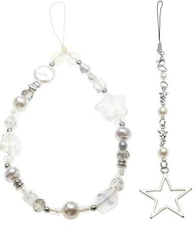 Yamobi 2 Cadenas Universales para Teléfono Y2K Style - Charm para Bolsos, Llaveros con Estrellas Blancas y Perlas - Accesorios para Colgar en el Móvil