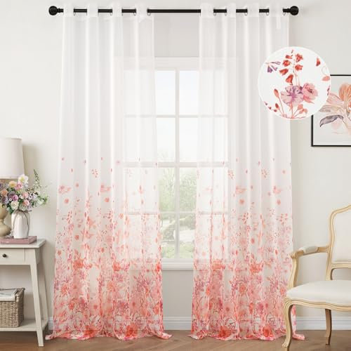 Woaboy Tende Floreali per Interni 140x245cm Rosa Tende Finestre Voile Trasparenti per Soggiorno e Camera da Letto 2 Pezzi