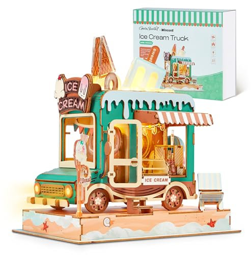 GalaSpark 3D Puzzle Eiswagen Modell - DIY Miniatur Set Puppenhaus Food Truck Holz Modell mit LED-Lichtern - Kreatives Geschenk für Kinder und Erwachsene (Eiswagen)