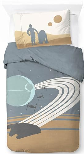 Jay Franco Star Wars Millennium Falcon Death Star 100% Baumwolle Einzelbett-Bettbezug-Set – Enthält Kissenbezug 50 x 70 cm