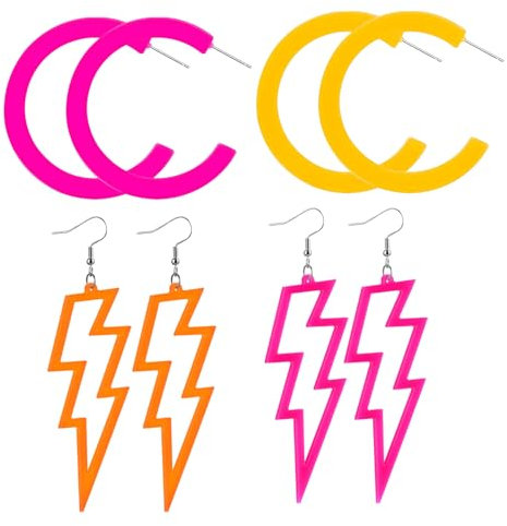 8 Paar Neon Ohrringe,Neon Accessoires,Blitz Ohrringe,Neon Ohrringe Damen,Lightning Ohrringe,Für Jahre Mottopartys,Weihnachten,Halloween,Tägliche Kleidung (Rosenrot,Orange)