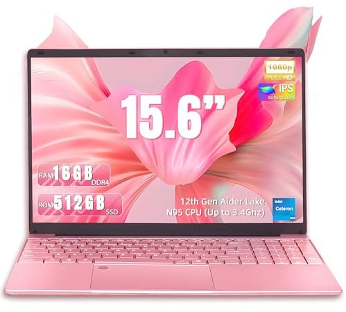 Amita Ordenador portátil rosa de 15,6, 12.Gen N95 (hasta 3,4 GHz), 16 GB de RAM DDR4, SSD NVME de 512 GB, Win 11Pro y Office 365, portátil con teclado retroiluminado, WiFi de doble banda (16 + 512 G)