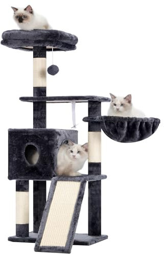 Hey-brother Árbol rascador para gatos de 108 cm, para interiores, varios pisos, con columnas para rascar, rampa, cestas, espacioso agujero para gatos y juguete con pompón colgante, gris ahumado