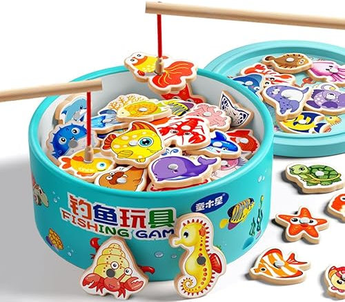 Moxiewell 30 Stück Holzspielzeug Angelspiel, Spiele Montessori Kinder 2 Jahre magnetisches Angelspiel, Kinder aus Holz, Lernspielzeug, Kinderspiele für Entwicklung