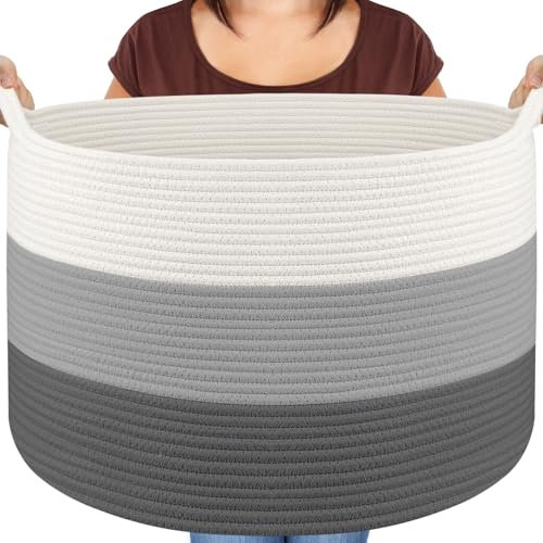 Maliton Panier de rangement pour salon, panier à linge tressé en corde de coton, panier à jouets avec poignées, panier pour doudous, linge, couvertures, coussins, vêtements, 50 x 33 cm, blanc gris