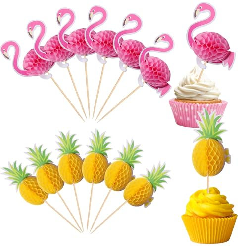 Cupcake Deko Tropical 24 PCS Cocktail Deko Hawaii Cocktailspieße Ananas Cocktail Sticks Flamingo Kuchendeko Sommer für Desserts, GeträNke, Kuchen, Sommerfest