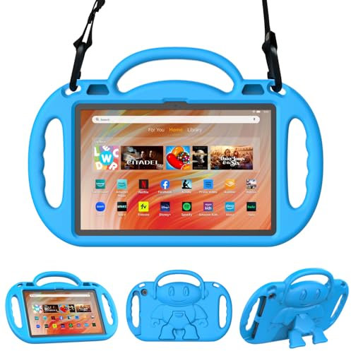 Fire HD 10 Tablet Hülle für Kinder (13th/11th Gen, 2023/2021), Sonlaryin Leichte Stoßfeste Schutzhülle mit Schulterriemen Ständer für Fire HD 10 Kids & Kids Pro Tablet, Nicht für TCL, Blau