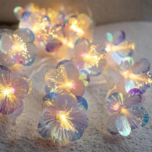 KOBOKO Lichterkette Blumen, 1,5M 10 LED Glasfaser Blumen-Lichterkette, Warmweiß Lichterkette Batterie, Lichterkette Innen Außen, Dekorative Lichter für Garten, Geburtstag, Hochzeit, Weihnachten Deko